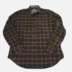 Robert Graham Mens M Shirt‎ Long-Sleeve Flip-Cuffs Brown-Maroon Plaid Cotton